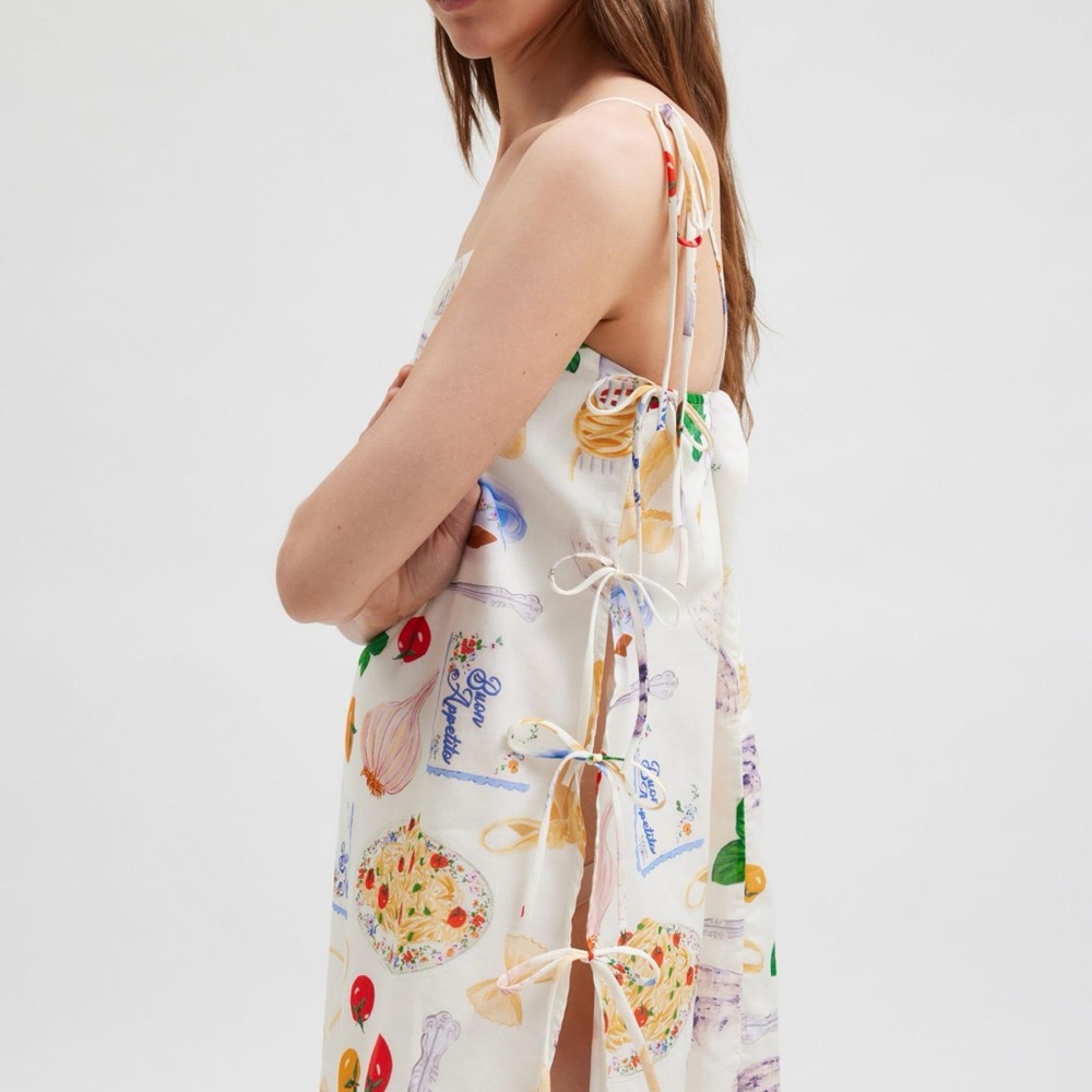 Brand New Lisa Says Gah! Buon Appetito Dress Spaghetti Italian Print Tie Straps - Picture 1 of 3